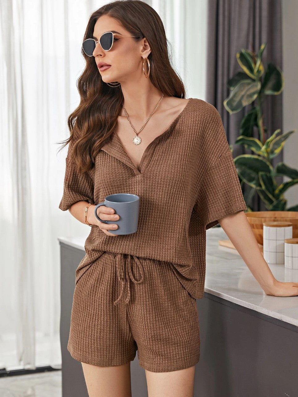 New Womens Short-Sleeve Waffle-Weave Casual Set