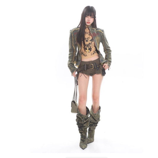Women's Washed Denim Shorts In Military Green With A Stylish Belt