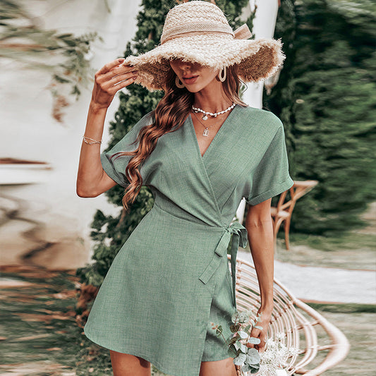 V-neck Short-sleeved Solid Color Waist Tie Stitching Women's Jumpsuit