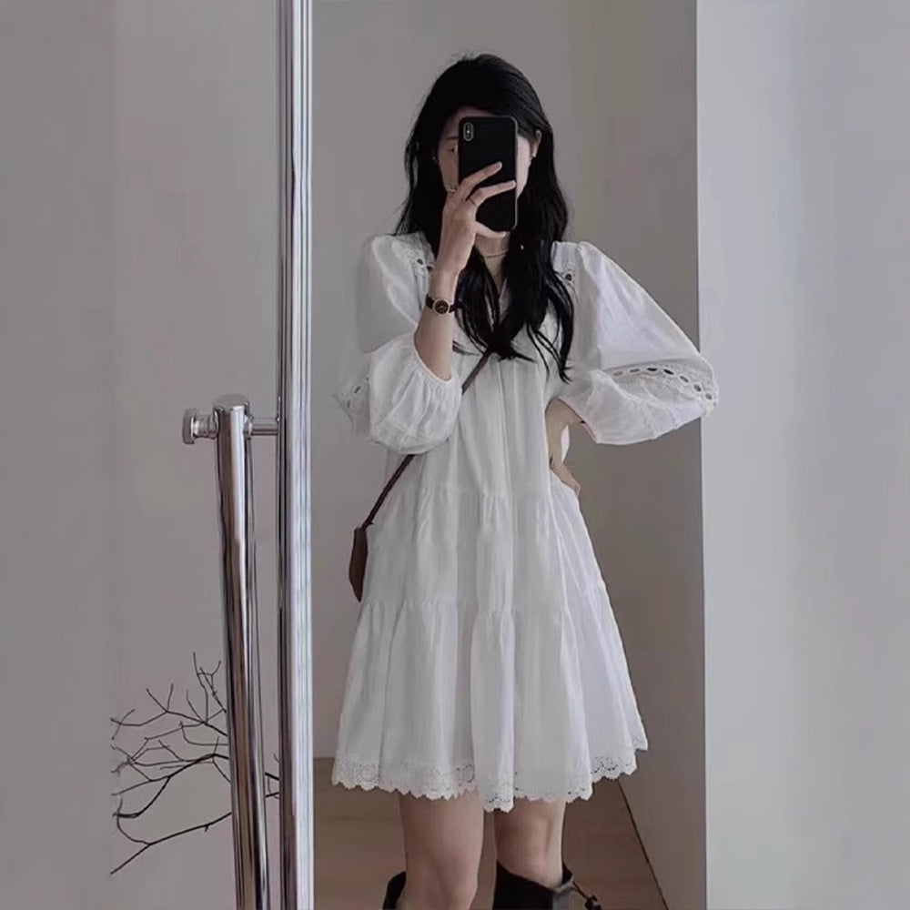 Womens Ethnic-Style Hollowed-Out French-Style Patchwork Long-Sleeve Dress