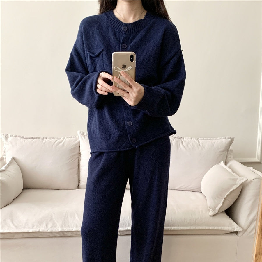 Knitting Suit Women's Loose Round Neck Cardigan Sweater Wide Leg Pants All-matching