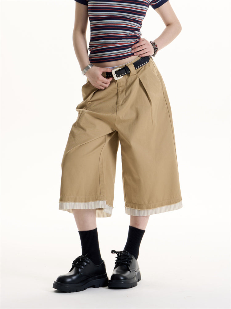 American Retro Hot Girl Patchwork Stripes Pleated Casual Shorts