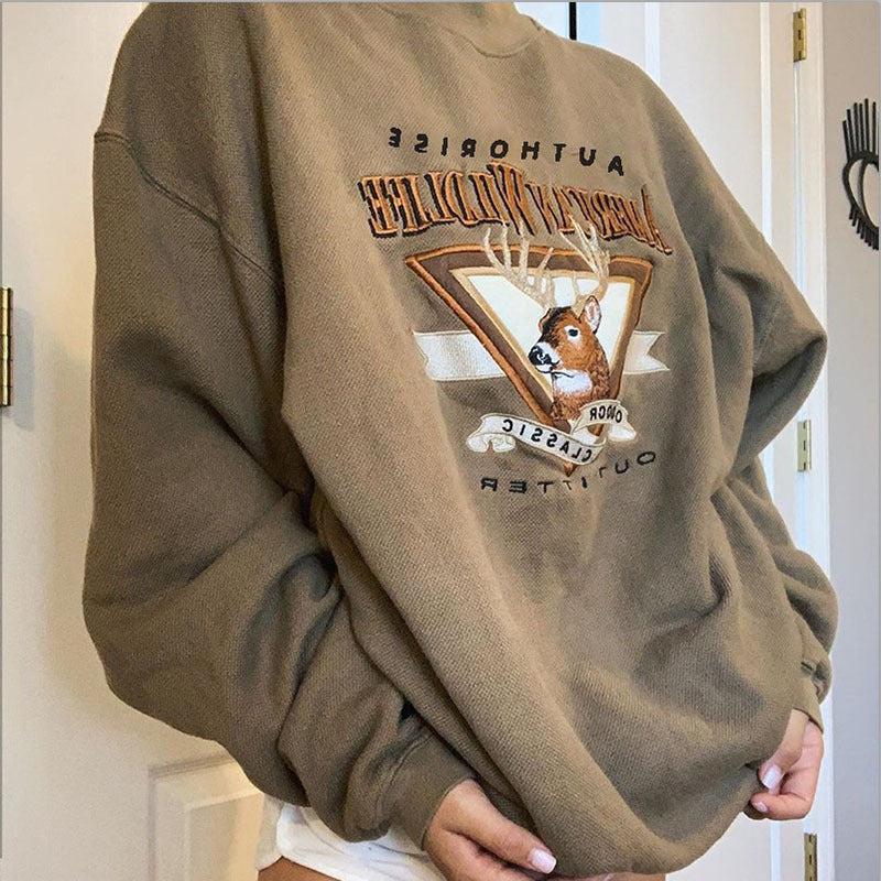 American Retro Fawn Cartoon Sweater Women's Loose Pullover