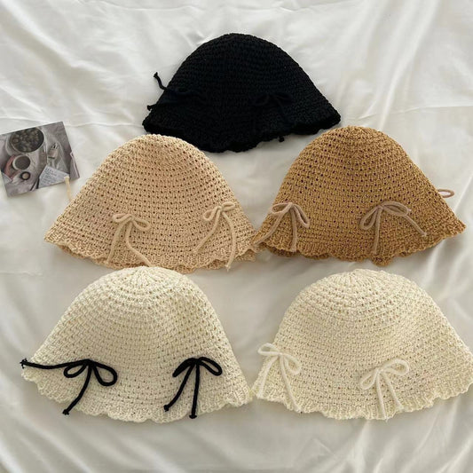 New Bow Woven Bucket Hat Cute Wild