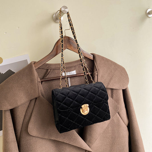 Pure Color Texture Diamond Chain Shoulder Bag