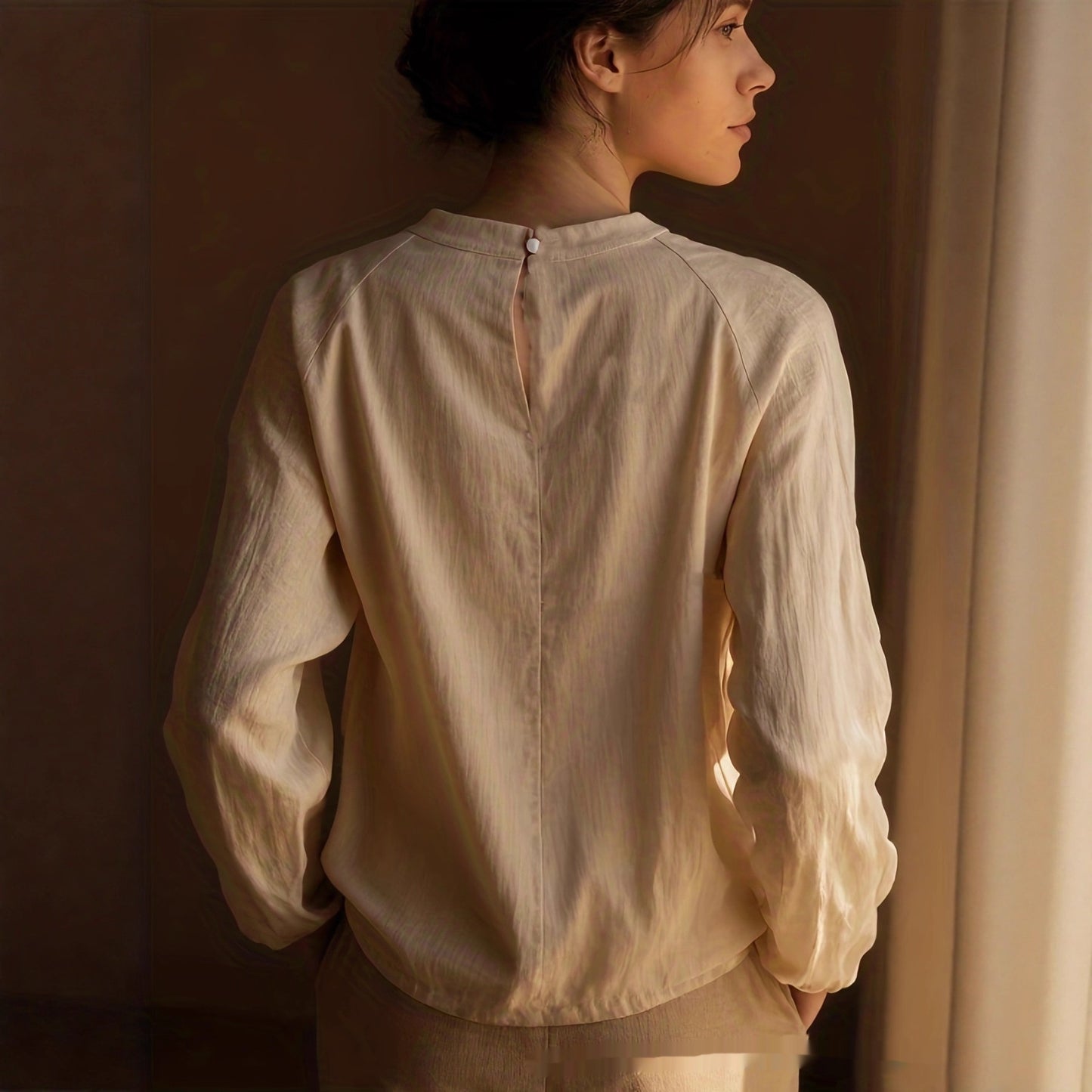 Womens Solid-Color Elegant And Minimalist Linen Long-Sleeve Top