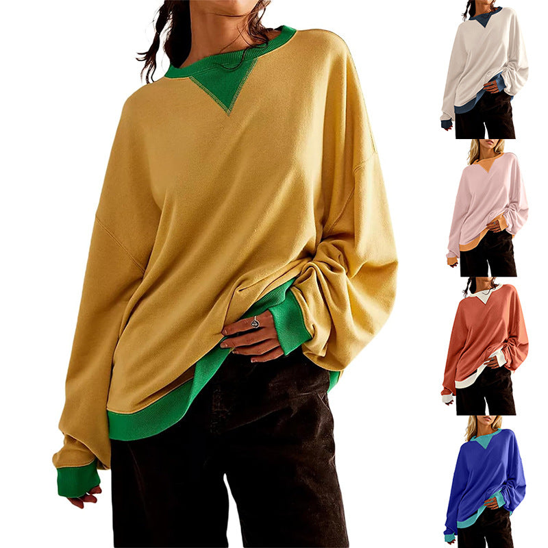Løs Afslappet Sweater med Kontrastfarve til Kvinder