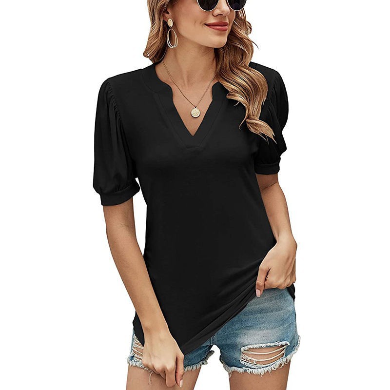 Casual V-hals Ensfarvet Pufærme Løs T-shirt til Kvinder