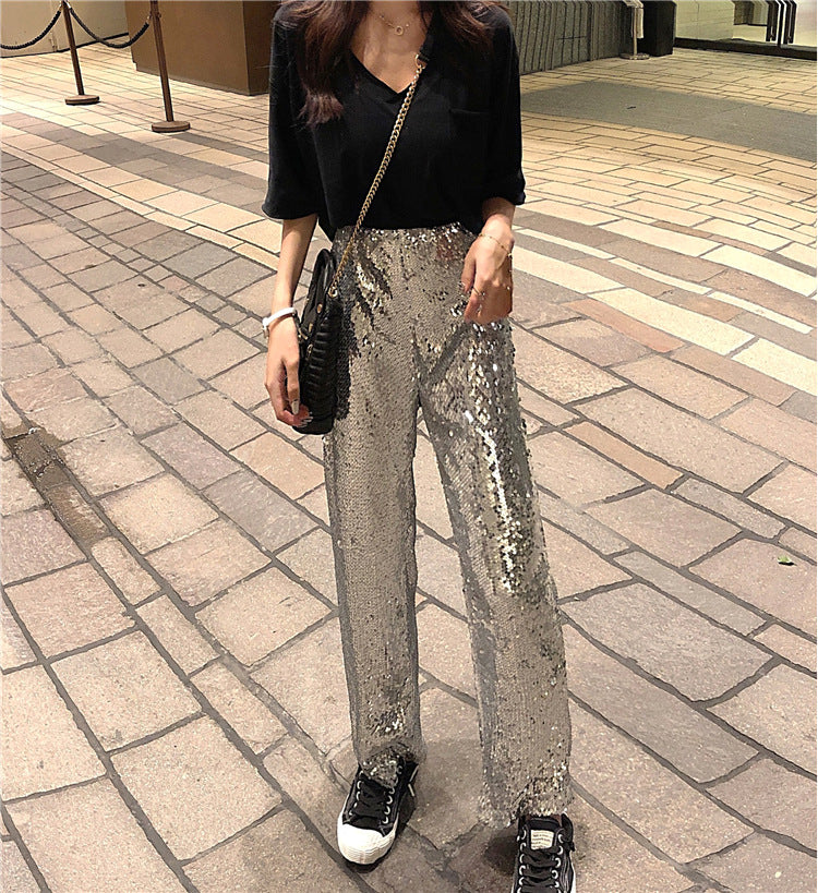 Heavy Industry Sequins High Waist Straight Trousers Women's Trousers
