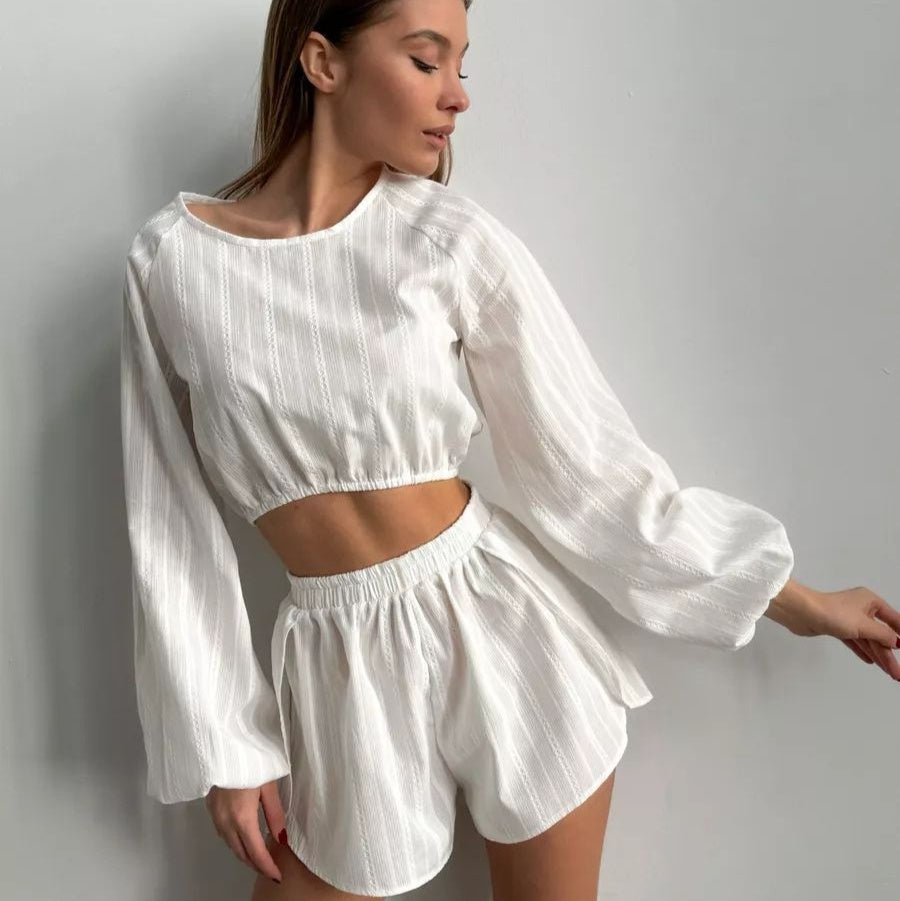 Long-sleeved Top With Slit Shorts Casual Wearable Set For Women