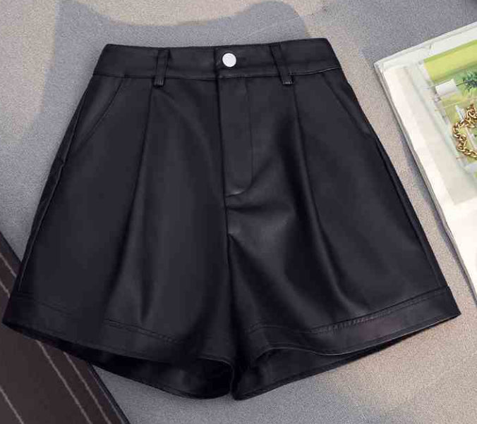 New High Waist Wide Leg A-line PU Outer Wear With Belt Leather Shorts For Women