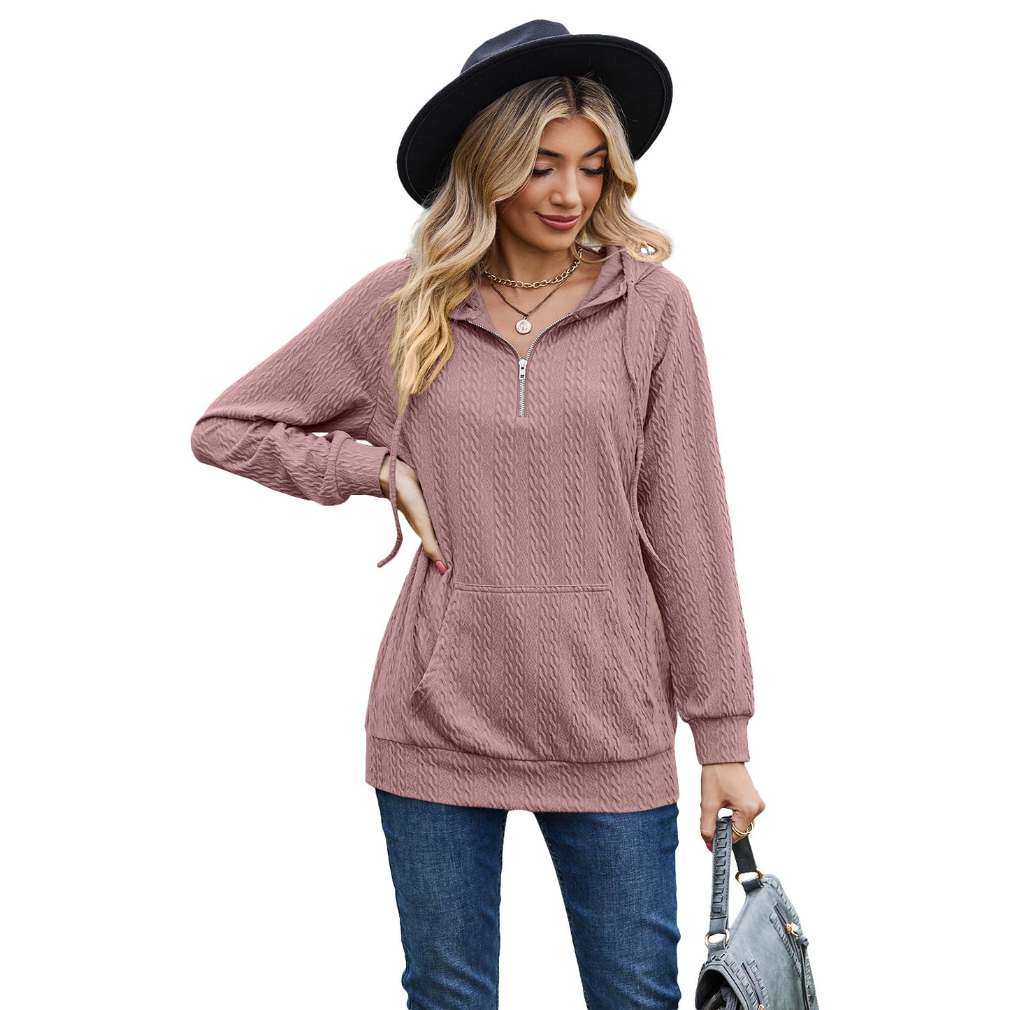 Dame Solid Color Hættetrøje med Lynlås Løs Langærmet Sweatshirt