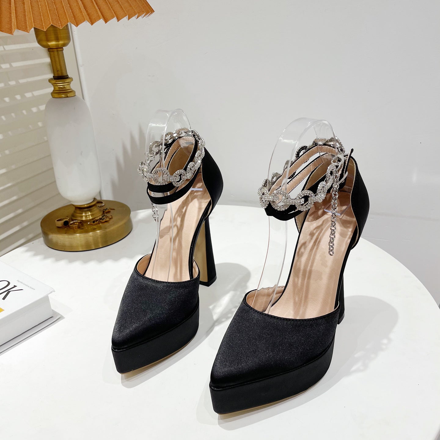 Super High Heel Chunky Heel Waterproof Platform Pointed Toe Toe   13CM         Cap Buckle Rhinestone Sandals