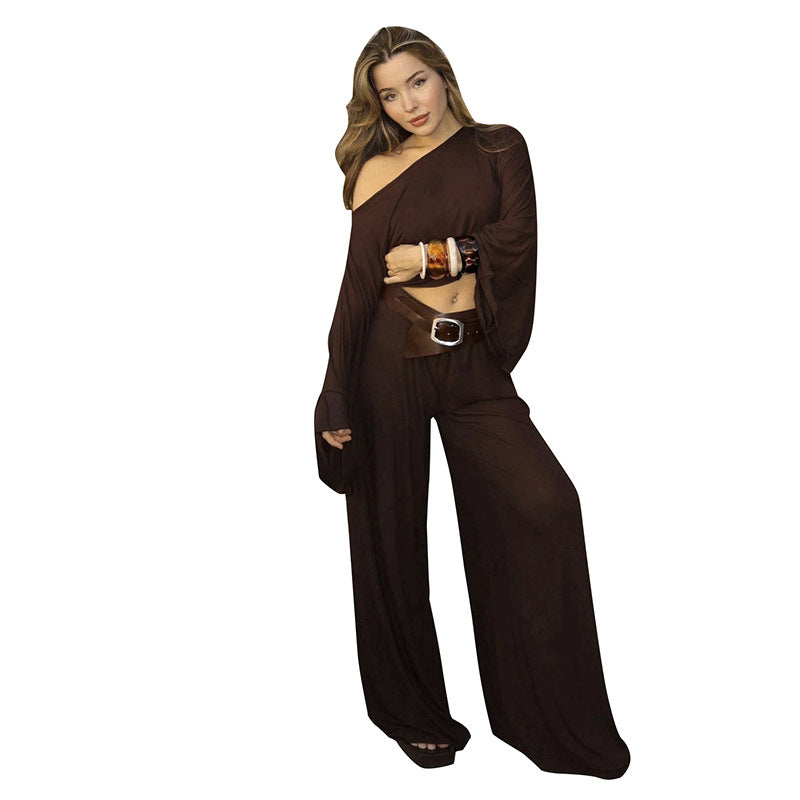 AutumnWinter Chic Off-the-Shoulder Midriff-Baring Loose Resort-Style Casual Pants Set