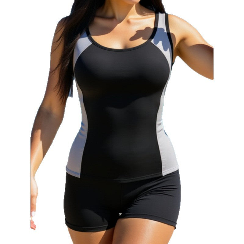 Conservative, Midriff-covering, Color-block, Form-fitting Two-piece Swimsuit
