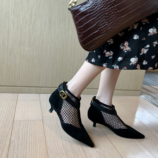 Hollow Low-heeled Net Boots Sheepskin Pointed-toe Stiletto Sandals