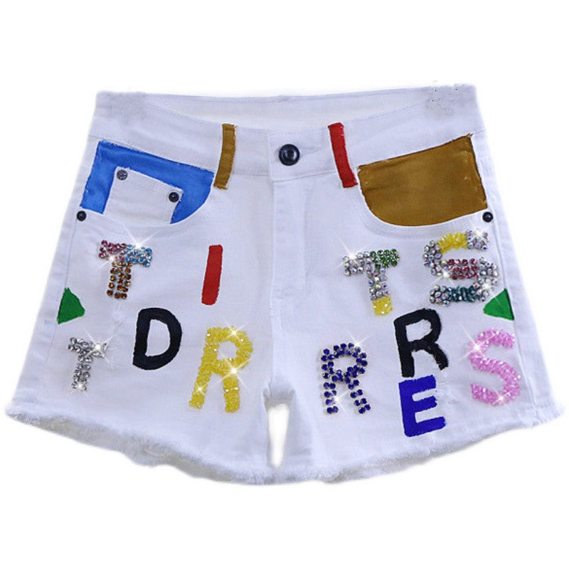 Heavy Industry Letters Diamonds Show Thin Raw Edge Stretch Slim White Denim Shorts