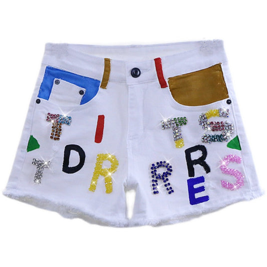 Heavy Industry Letters Diamonds Show Thin Raw Edge Stretch Slim White Denim Shorts