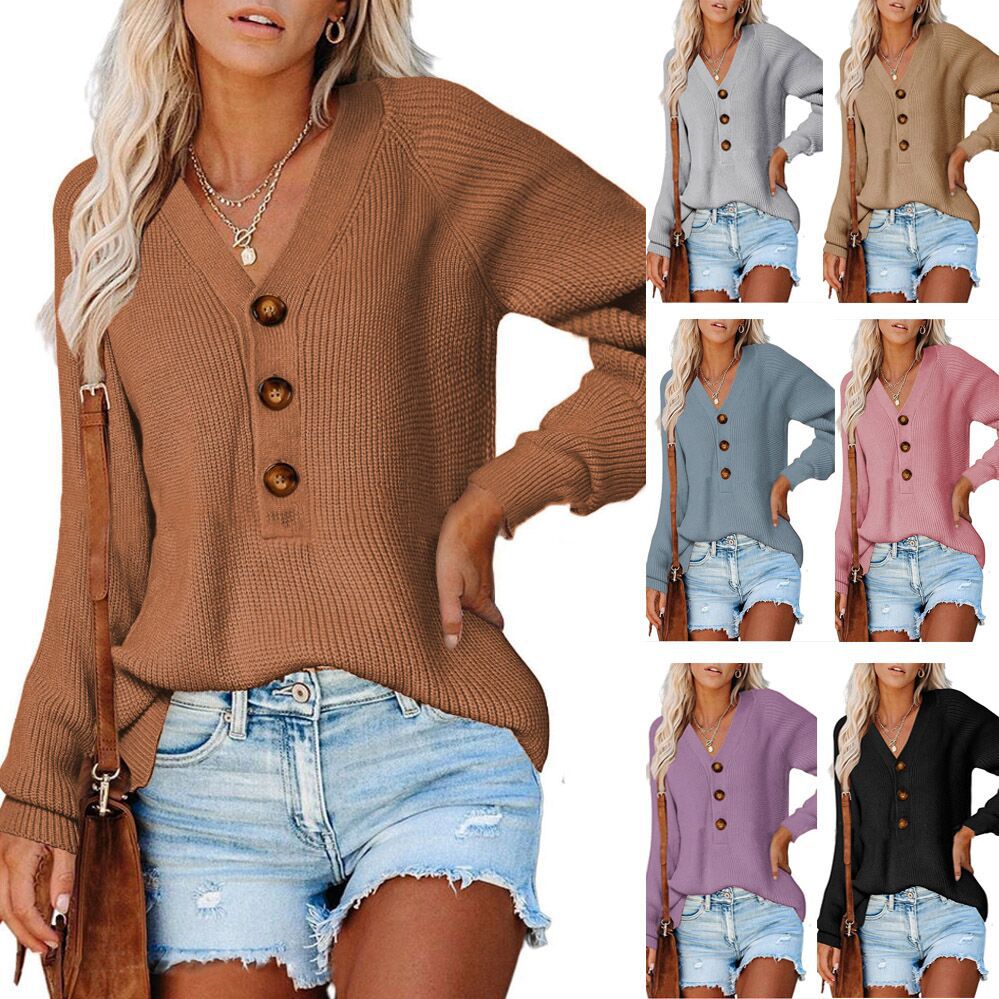 Ny knap Ny strikket V-hals-sweater til damer