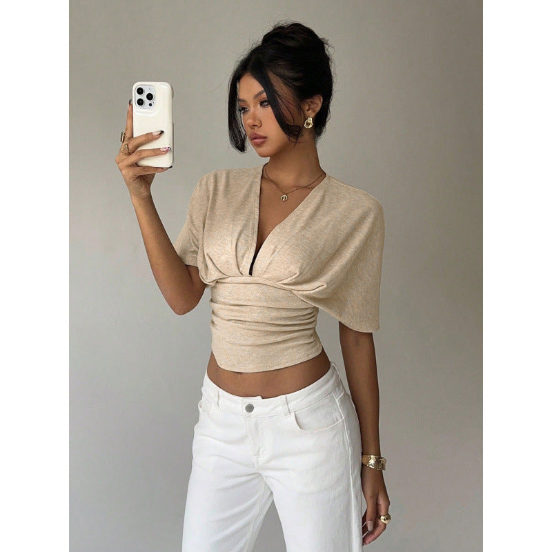 Womens Light Gray V-Neck Knotted Short-Sleeve Top