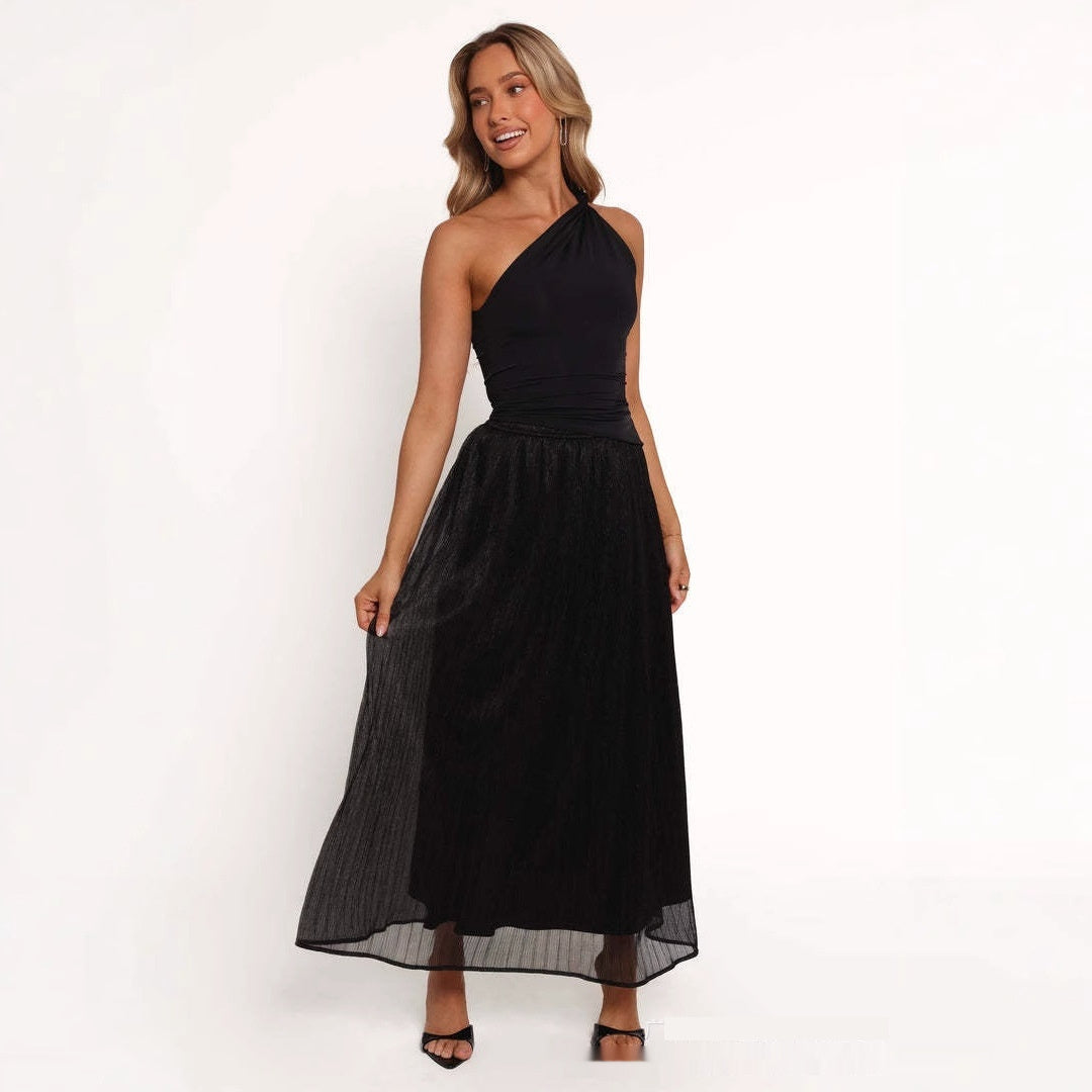 Solid Color Streamer Yarn Skirt Women's Summer High Waist Slimming A- Line Bright Silk Skirt French Style