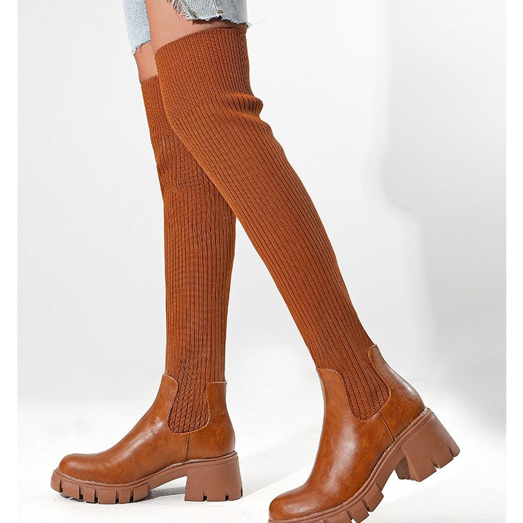 Female British Style Chunky Heel Platform Boots