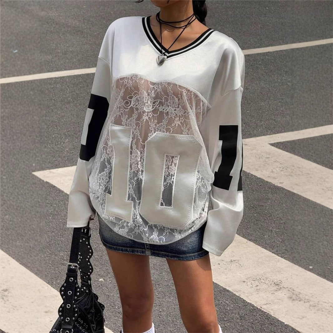 Løs V-hals sweatshirt til kvinder med tryk og gennemsigtig blonde