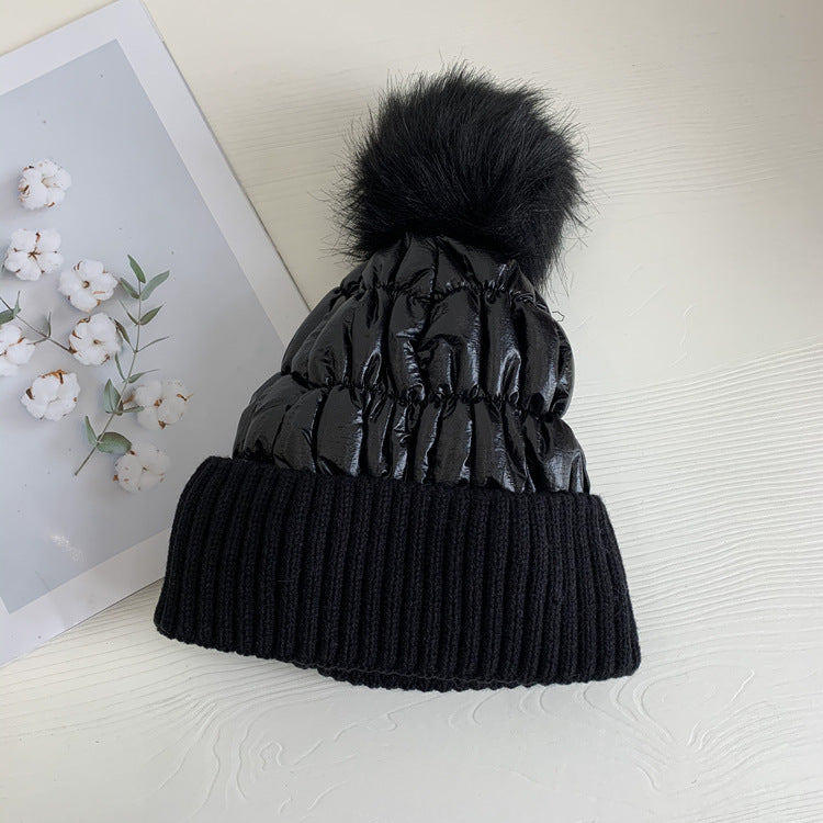 Women's Down Shiny Knit Hat With Fur Ball