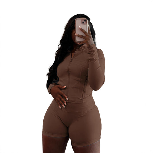 Spring And Summer Sporty Casual Sexy Tight Long-sleeve Shorts Two-piece Set