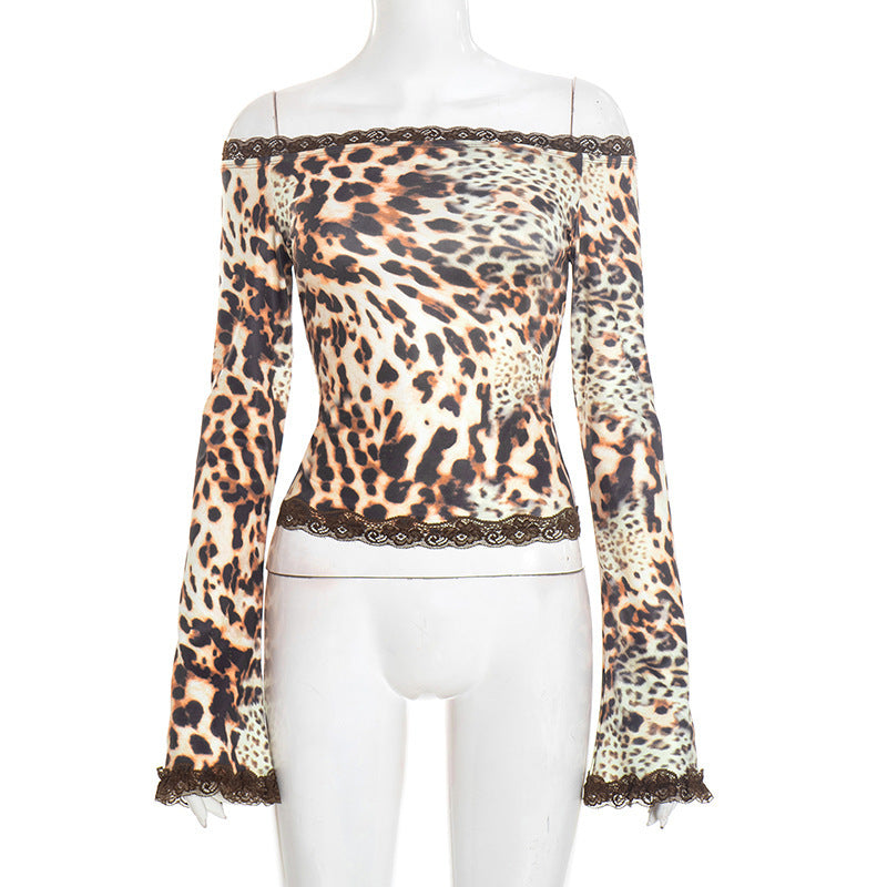 Off-shoulder Leopard-print Lace-trimmed Flared-sleeve Top