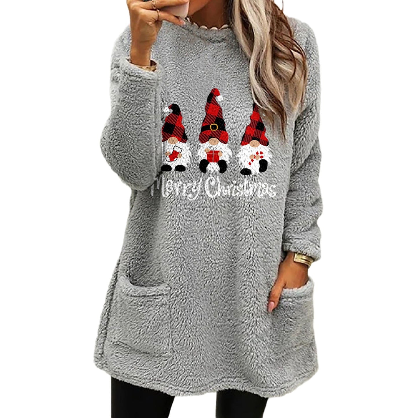 Julebrevtryk Rund Hals Løs Langærmet Lomme Fleece Sweatshirt