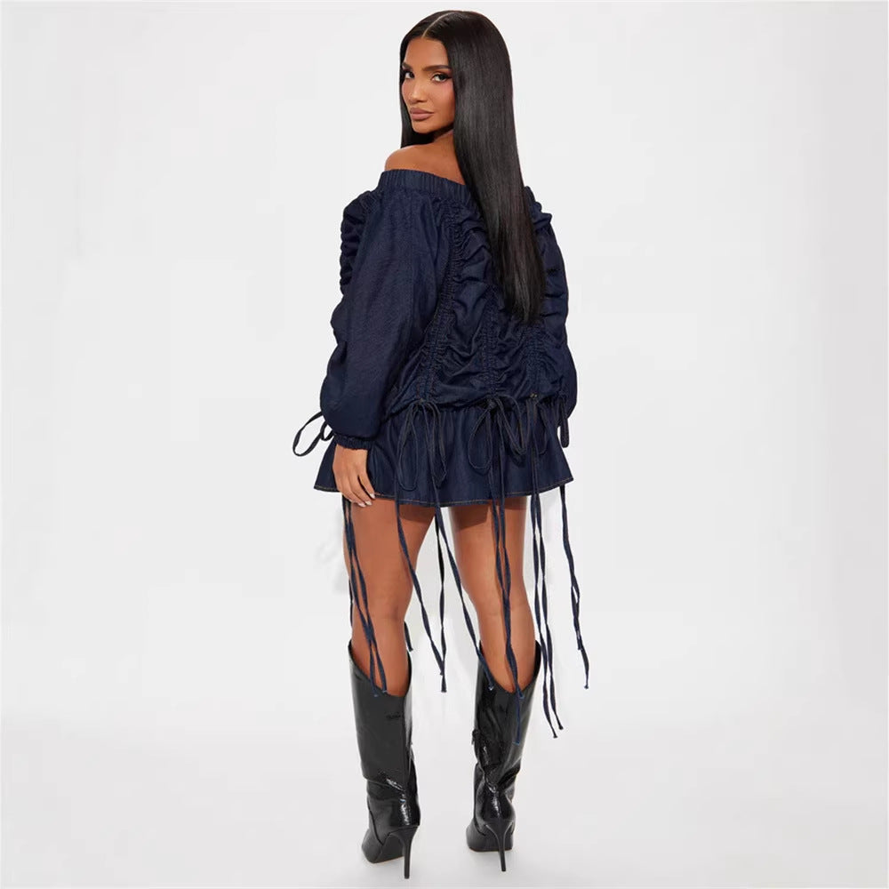 Solid Color Loose Off Shoulder Drawstring Long Sleeve Denim Skirt
