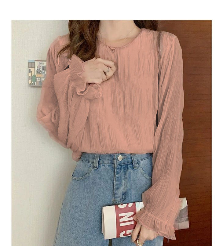 Pleated Bell Sleeve Chiffon Shirt Loose Long Sleeve Top