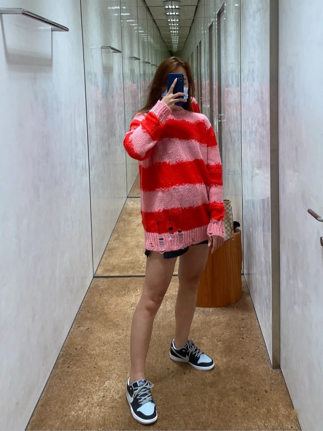 Women's New Mohair Ripped Striped Thin Crew Neck Sweater