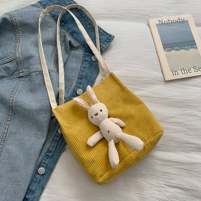 Student Cartoon Cute Rabbit Corduroy One-shoulder Messenger Bucket Bag