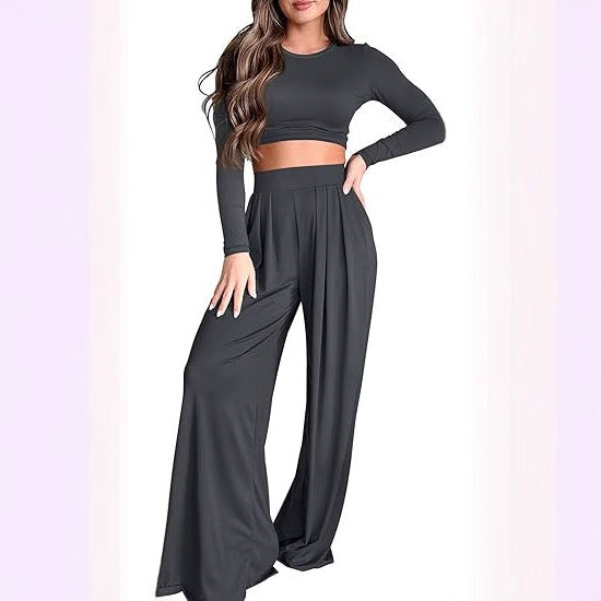 Fall Long-sleeve Midriff-baring Top And Wide-leg Pants Two-piece Set