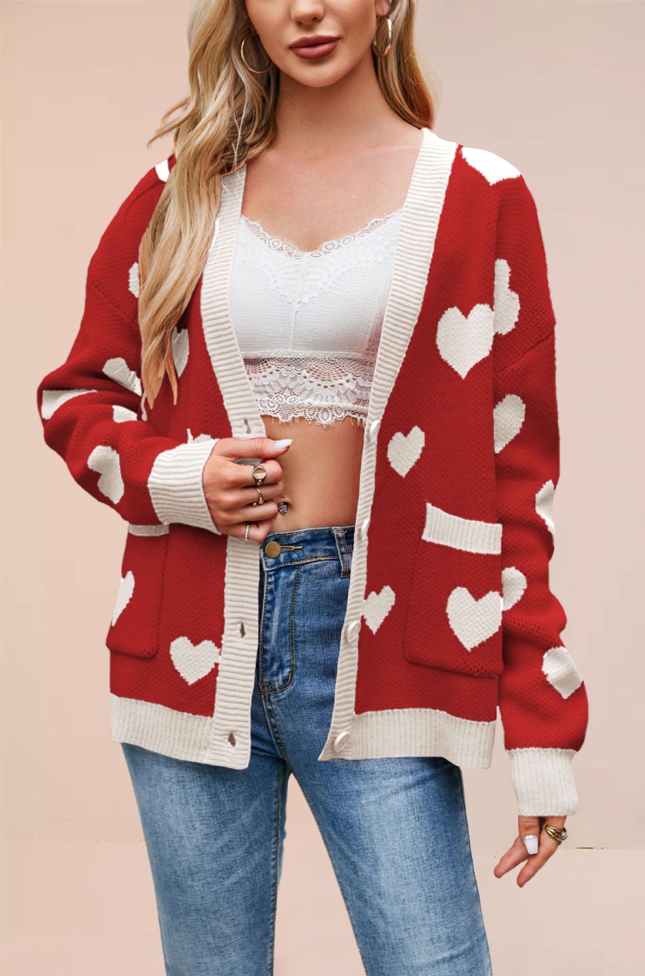 Heart Peach Knitted Cardigan Pocket V-neck Common Style Coat