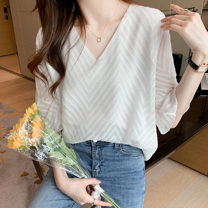 Women's Summer White Chiffon Short Sleeve Shirt
