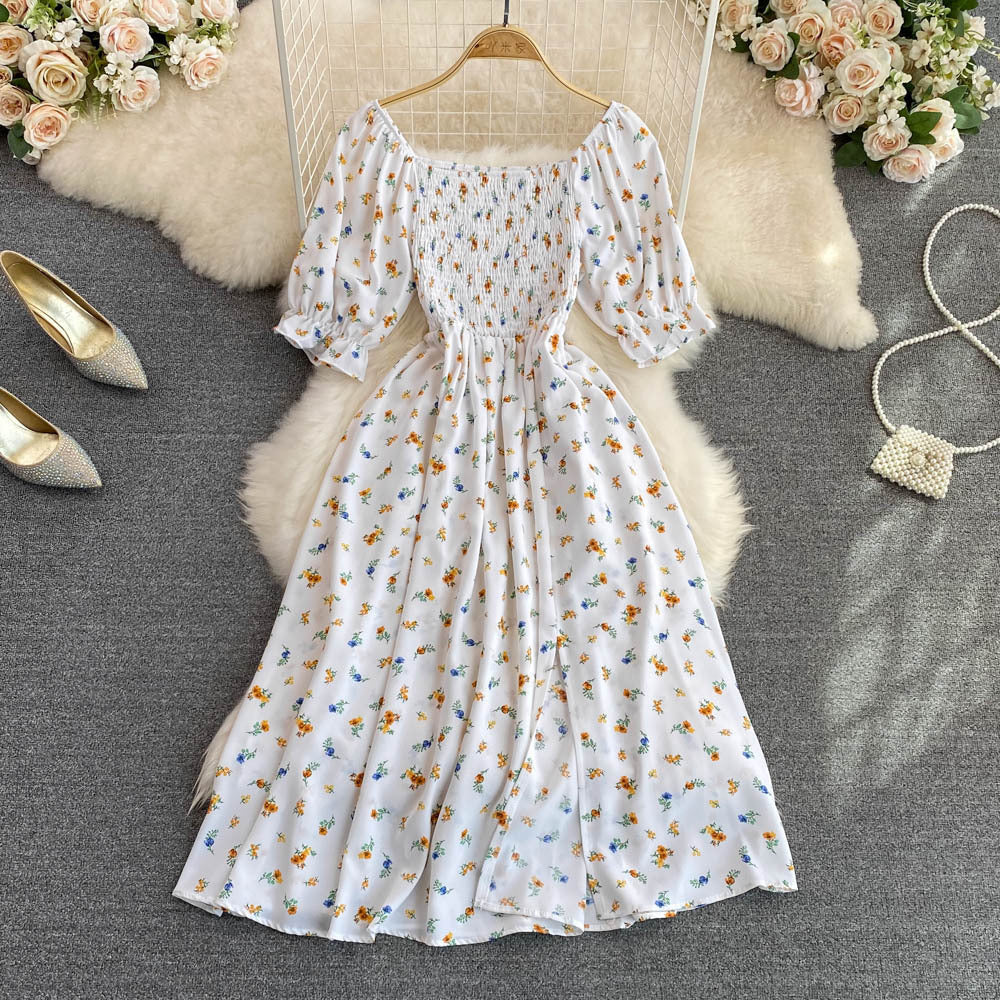 Bubble Short Sleeve Waist Wrapped Slim Split Dress