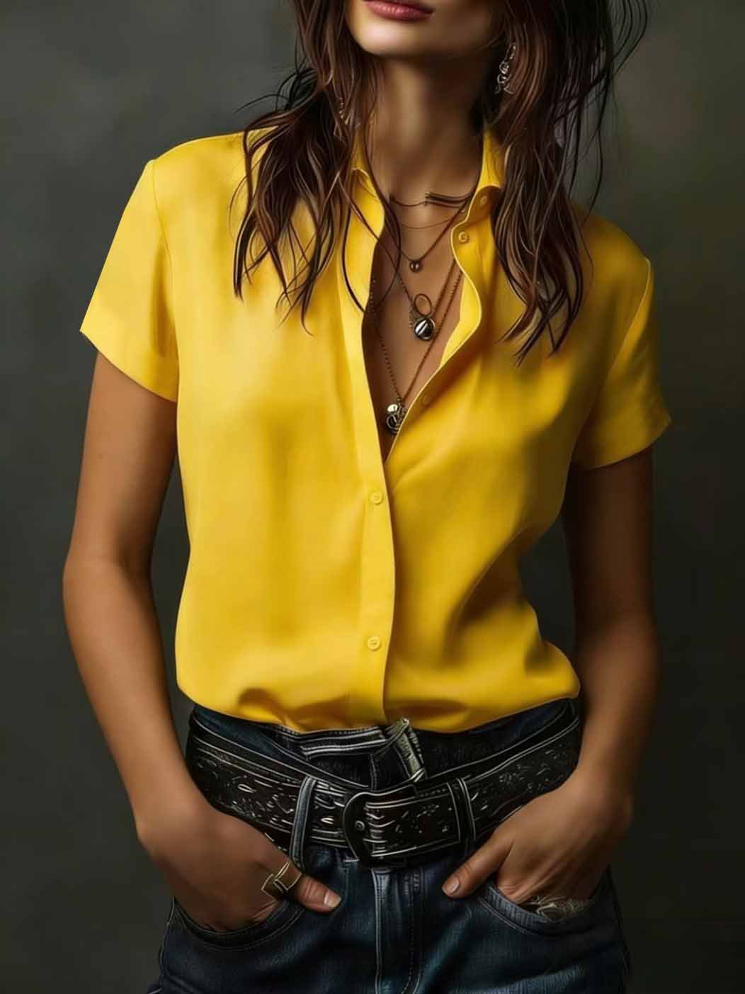 Casual Short-Sleeve Button-Up Womens Shirt