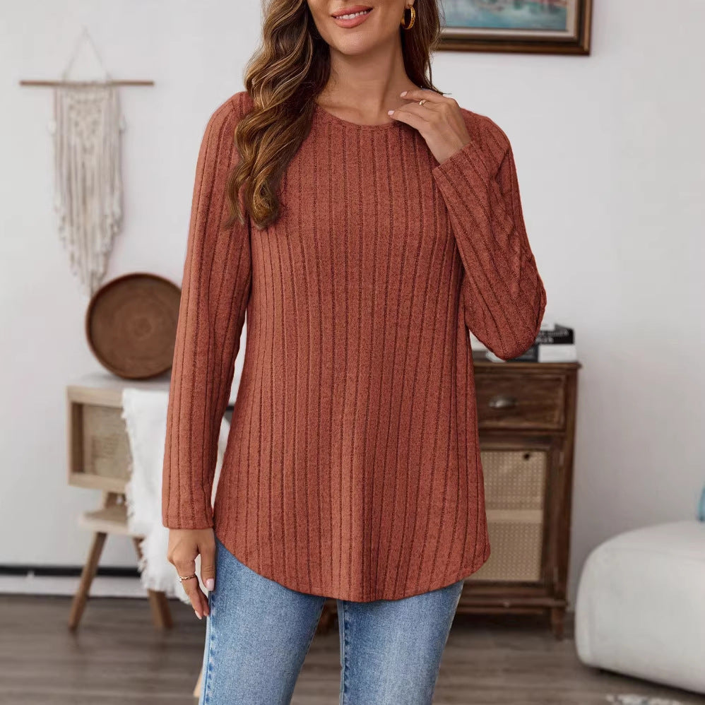 Womens Solid-Color T-Shirt With A Crew Neck Long Sleeves And Buttons