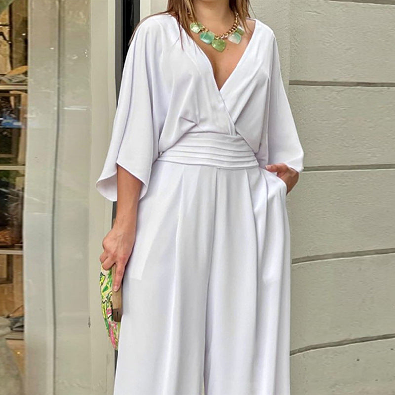 Kvinders Jumpsuit V-hals Ensfarvet Sommer Trendy Mode Kortærmet Street Casual Jumpsuit Sæt Til Kvinder Tøj