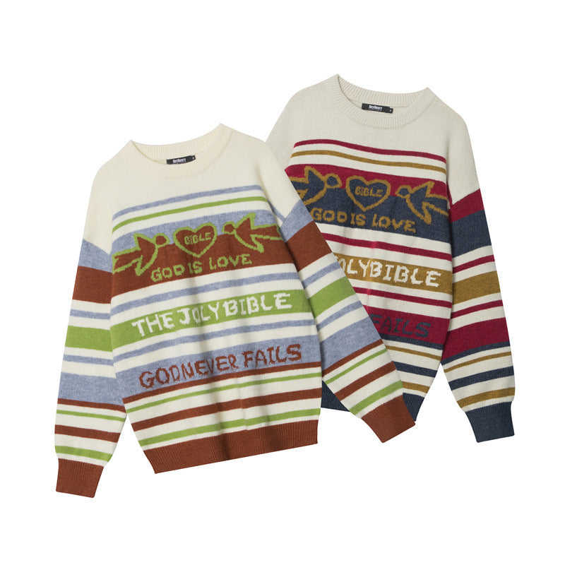 Striped Round Neck Sweater Men's Loose Long Sleeve