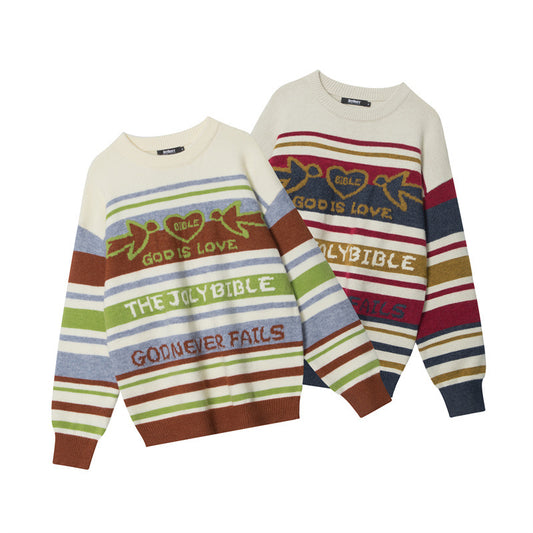 Striped Round Neck Sweater Men's Loose Long Sleeve