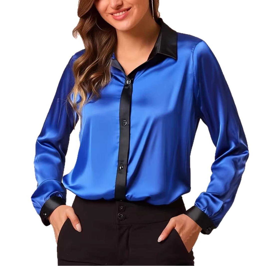 Womens Casual Loose Satin Color-Block Long-Sleeve Shirt