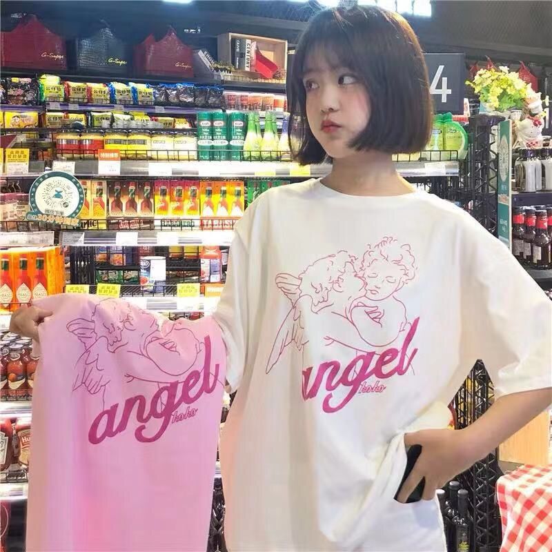 Women's Loose-Fitting Cute Little Angel Printed Short-Sleeve Top