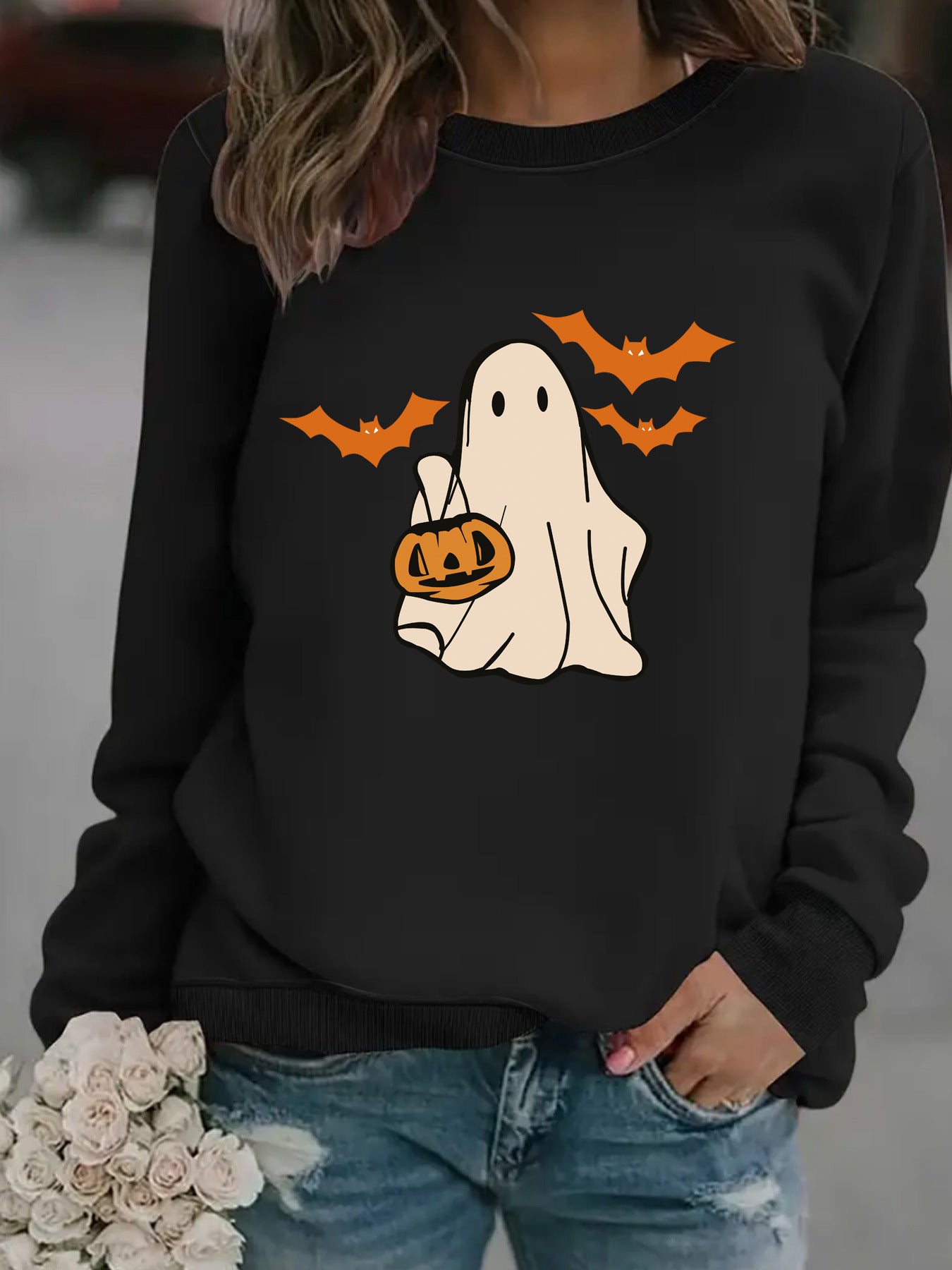 Halloween Casual Long Sleeve Round Neck Cartoon Ghost Print Pullover Sweater Sweatshirt