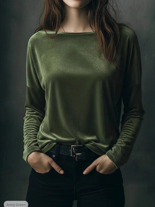 Dame Ensfarvet Løstsiddende Rundhalset Pullover Fløjl T-shirt