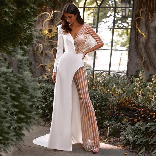 Women's V-neck Patchwork Lace Irregular Solid Color Jumpsuit