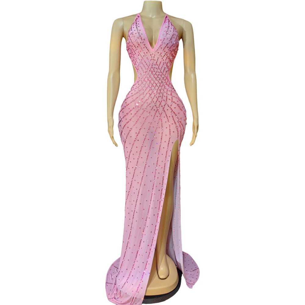 New Elegant Celebrity-Style Party Slip Dress With A Deep V-Neck And Sparkling Rhinestones